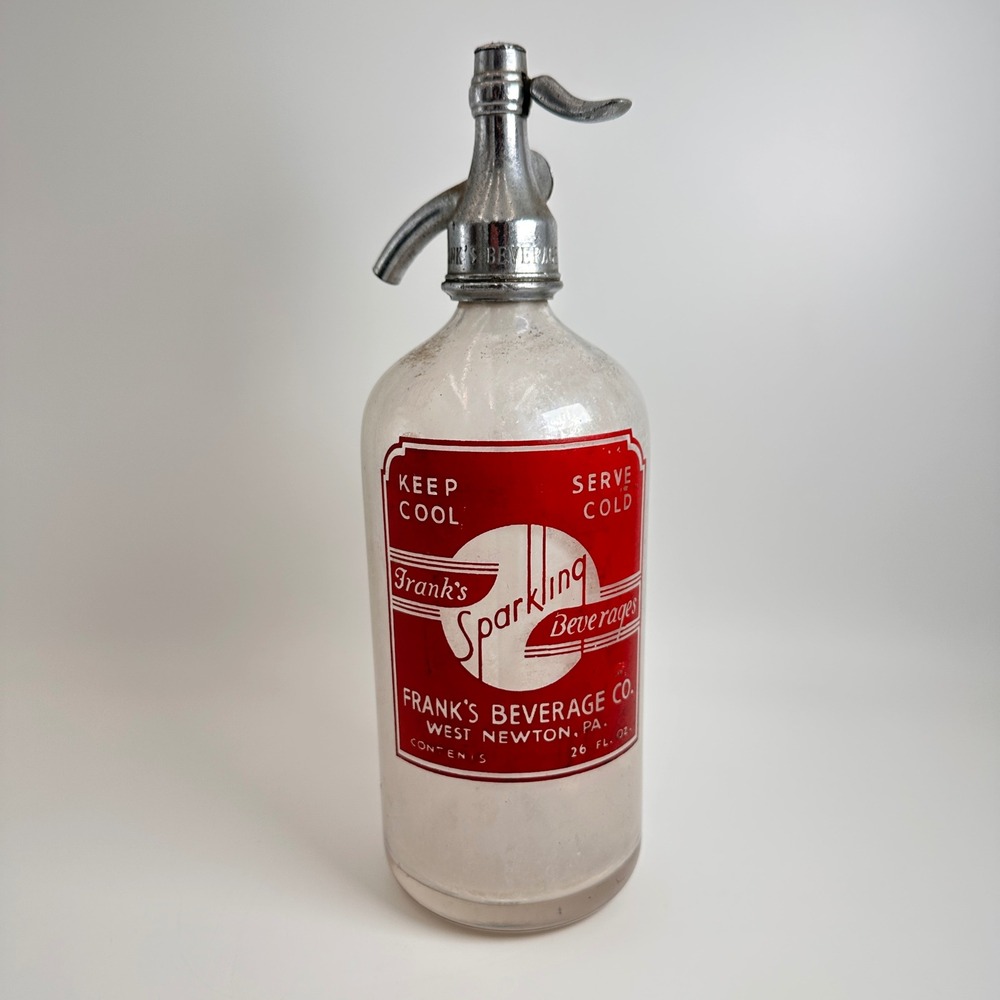 Frank's Beverage Co Seltzer Bottle Vintage 26oz Clear Red‎ Glass Soda Siphon PA